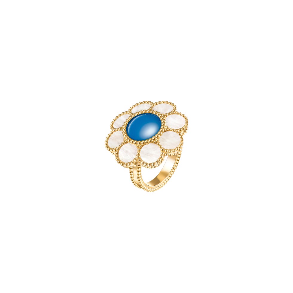 a gold ring with a blue circle