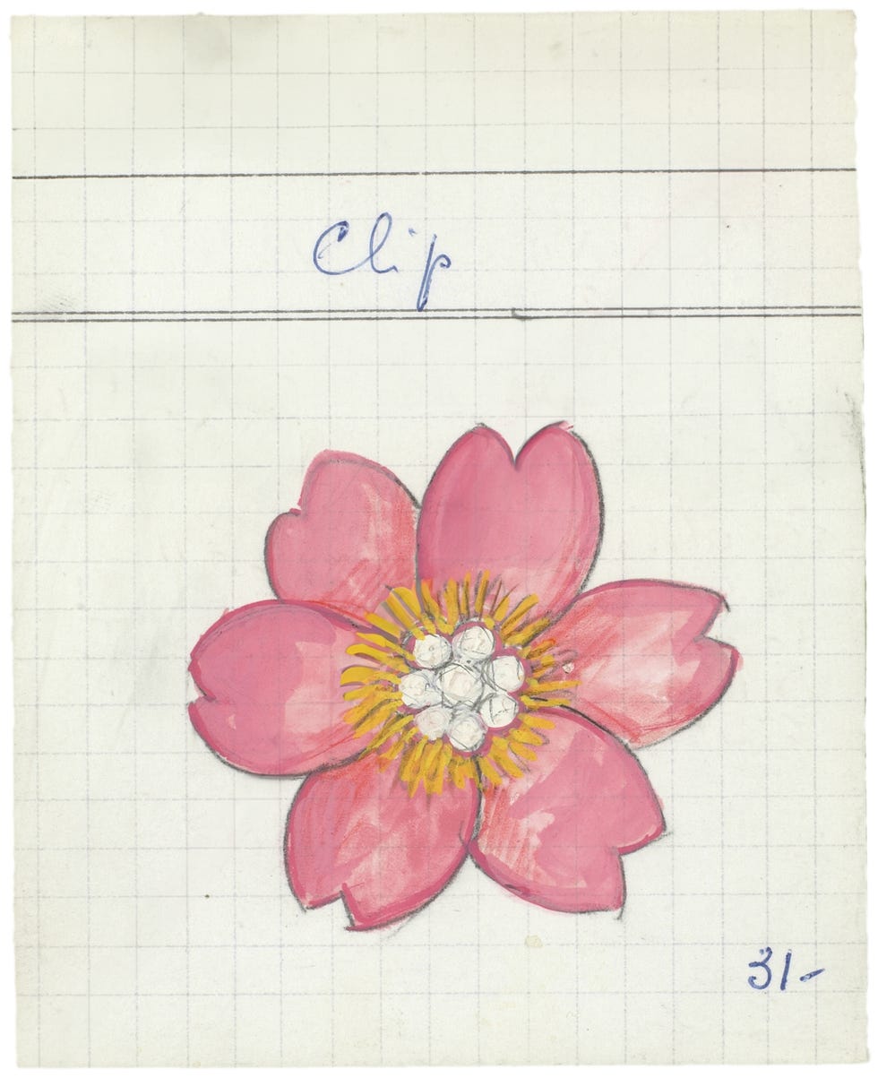drawing of a pink flower with a yellow center on graph paper