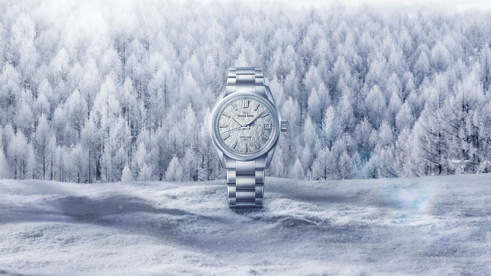 luxury watch positioned against a snowy forest backdrop