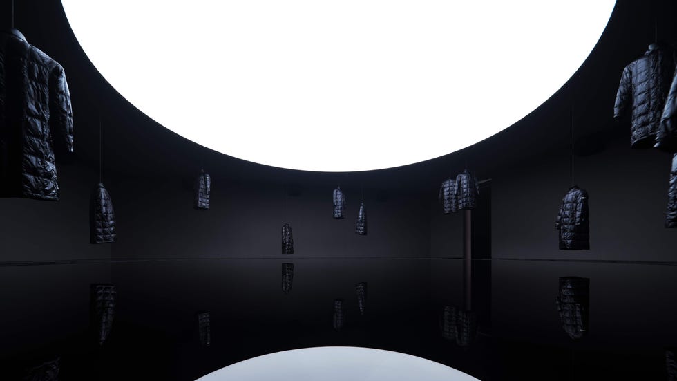 showroom for outerwear featuring suspended jackets