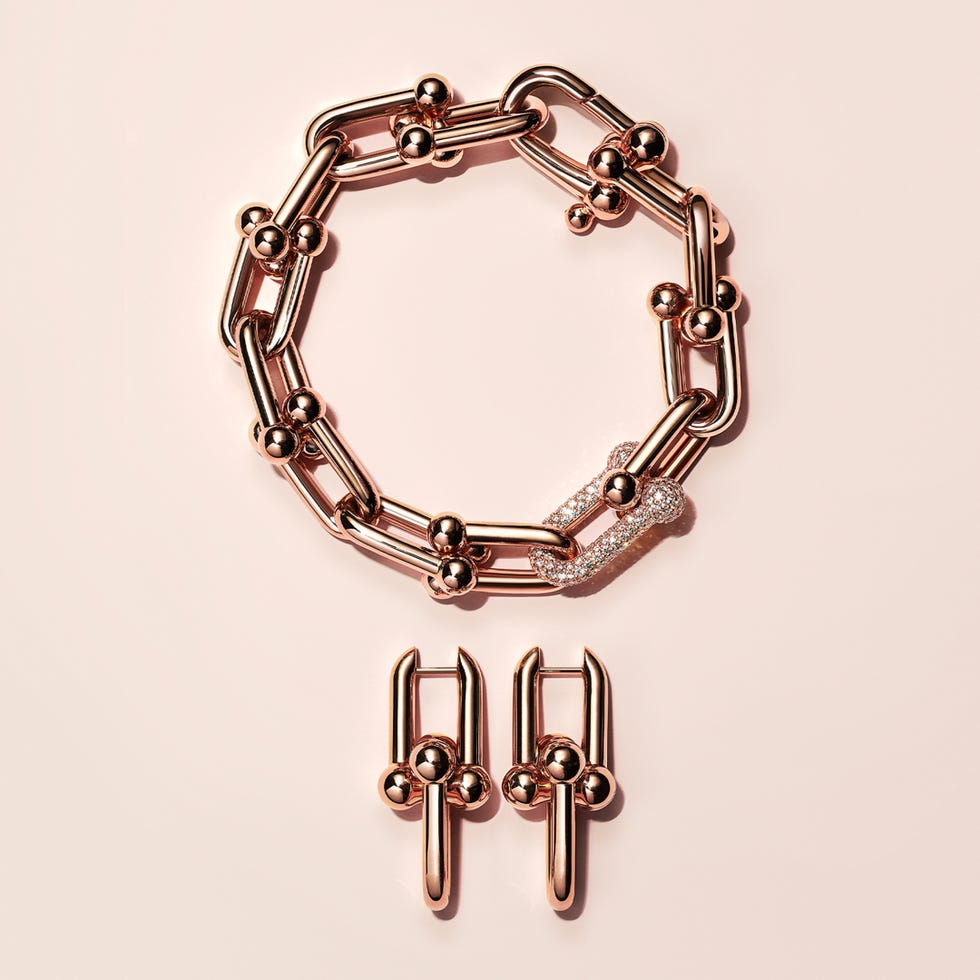tiffany  co 蒂芙尼hardwear系列18k玫瑰金镶钻链环手链与18k玫瑰金链环耳坠