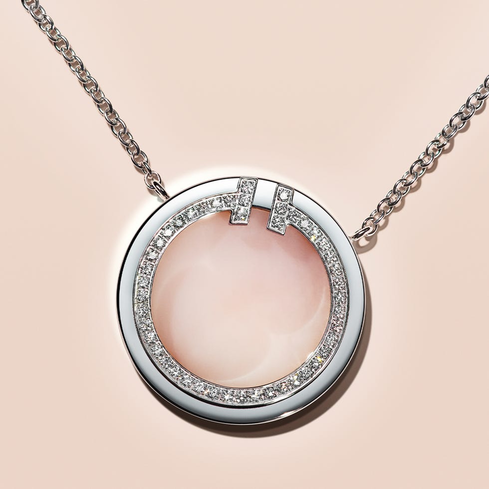 tiffany  co 蒂芙尼t系列18k白金镶嵌粉色欧泊及钻石圈形项链