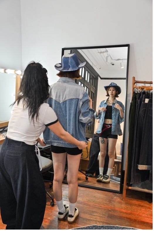 a fitting room scene showcasing a clothing fitting experience