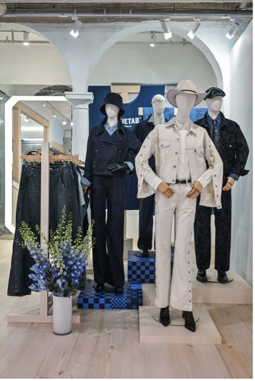 display of fashionable clothing on mannequins in a retail space