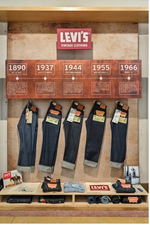 display showcasing vintage levis clothing with information on historical models