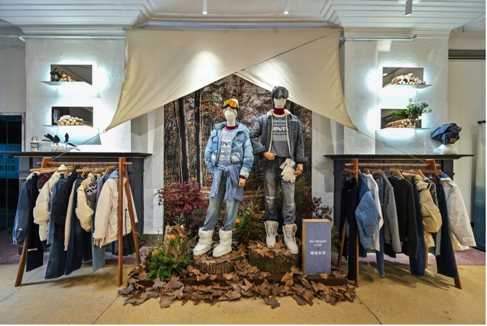 display showcasing winter clothing and accessories on mannequins and hangers in a retail environment