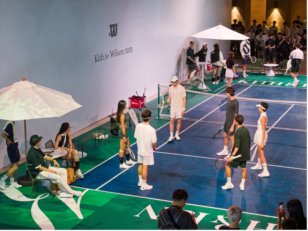 tennis event featuring models in stylish athletic wear on a court