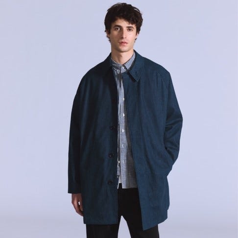 a model wearing a darkcolored overcoat with a checkered shirt