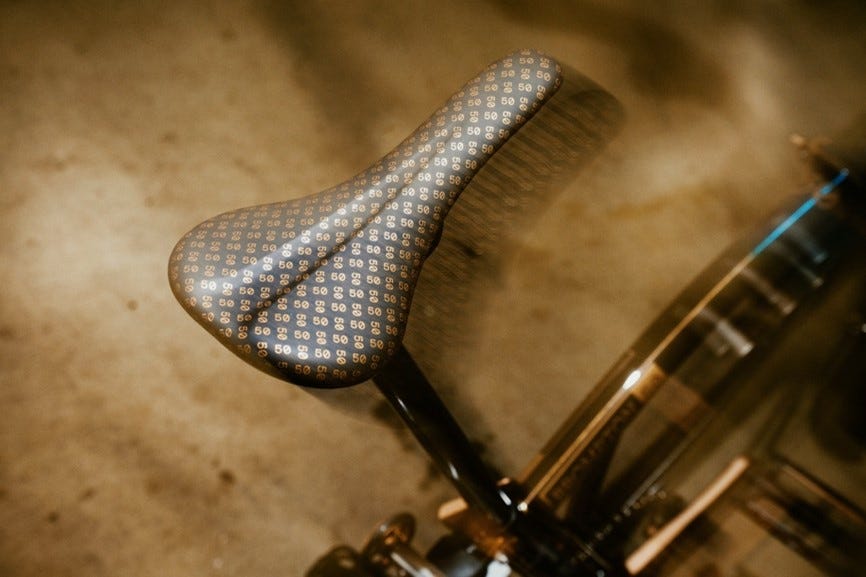 bicycle saddle with a patterned surface viewed from above