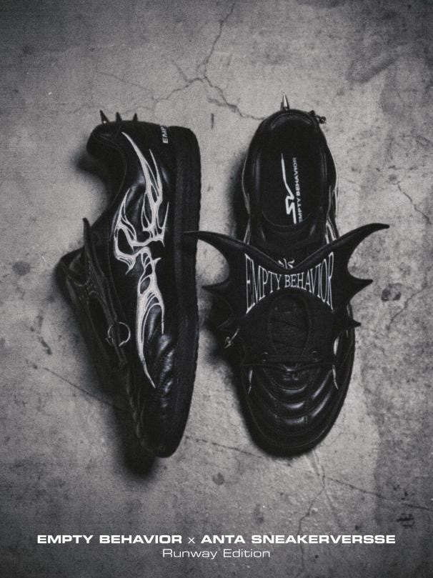 signature sneaker design featuring a collaboration between empty behavior and anta