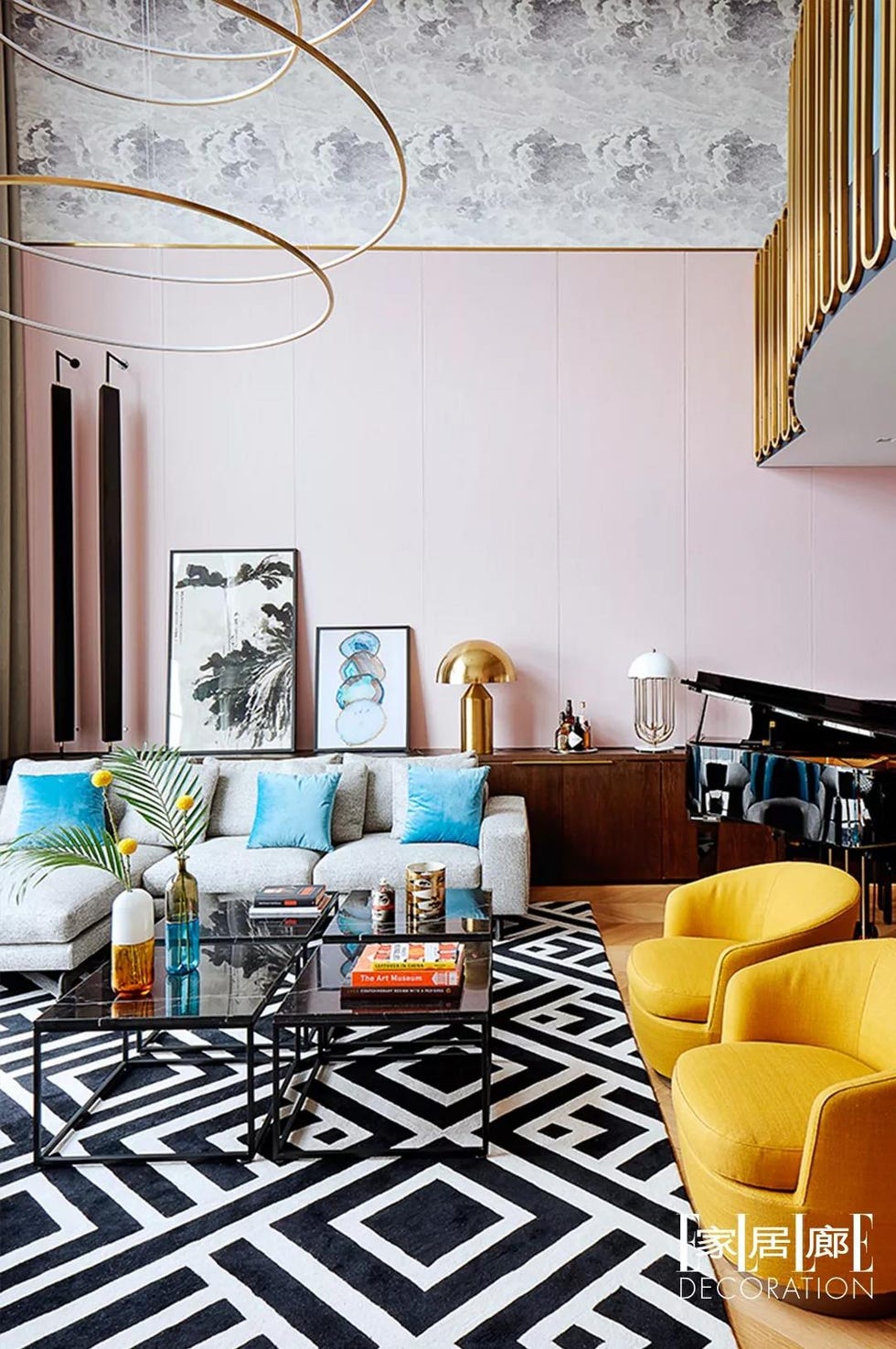 Living room, Room, Interior design, Furniture, Yellow, Blue, Turquoise, Property, Wall, Home, 