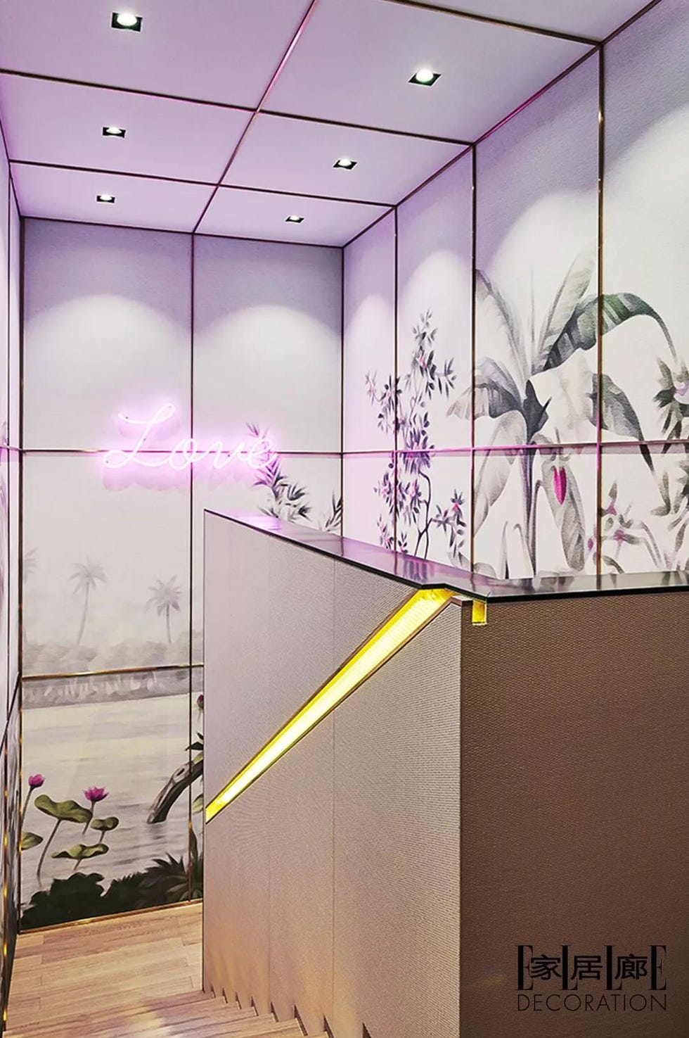 Wall, Ceiling, Interior design, Purple, Glass, Room, Architecture, Material property, Building, Tile, 
