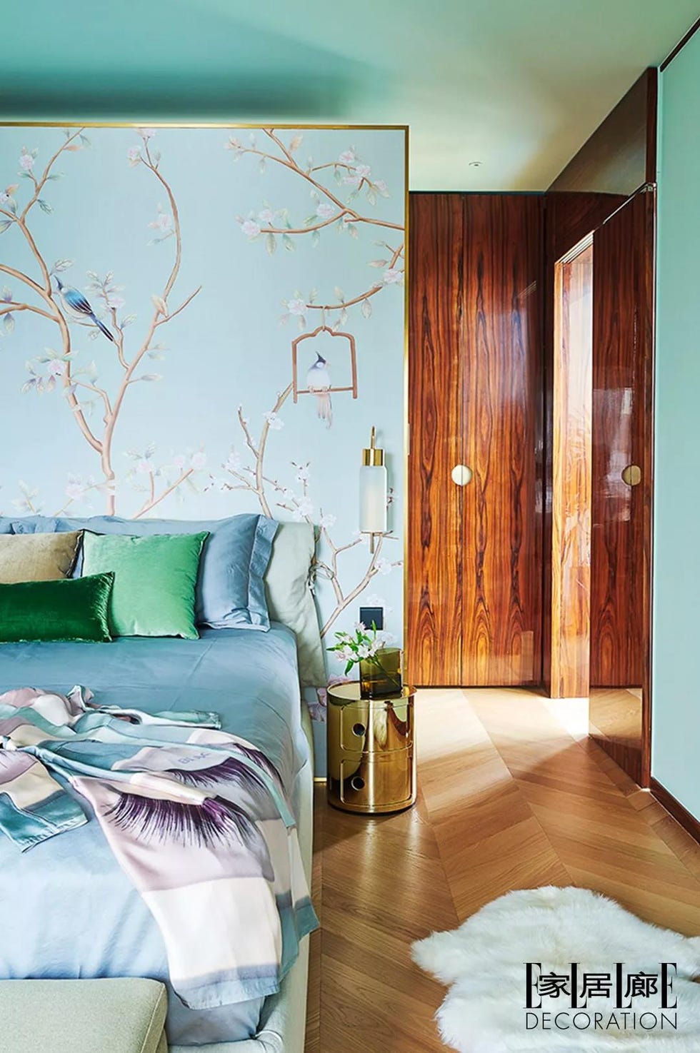 Bedroom, Room, Furniture, Interior design, Wall, Blue, Green, Property, Aqua, Turquoise, 