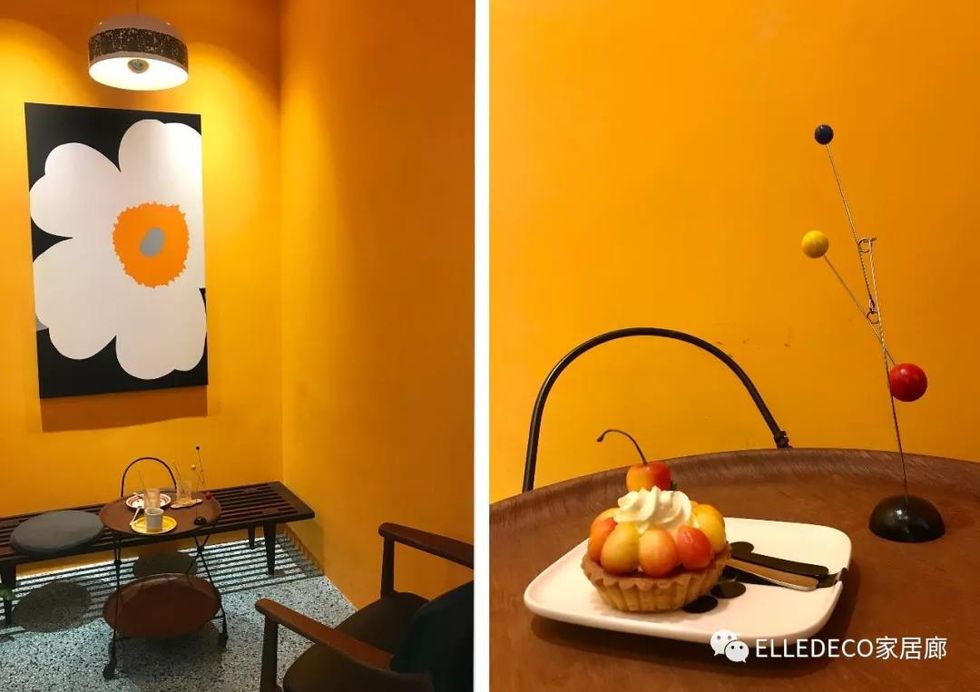Orange, Yellow, Room, Interior design, Table, Design, Modern art, Plant, Breakfast, Still life, 