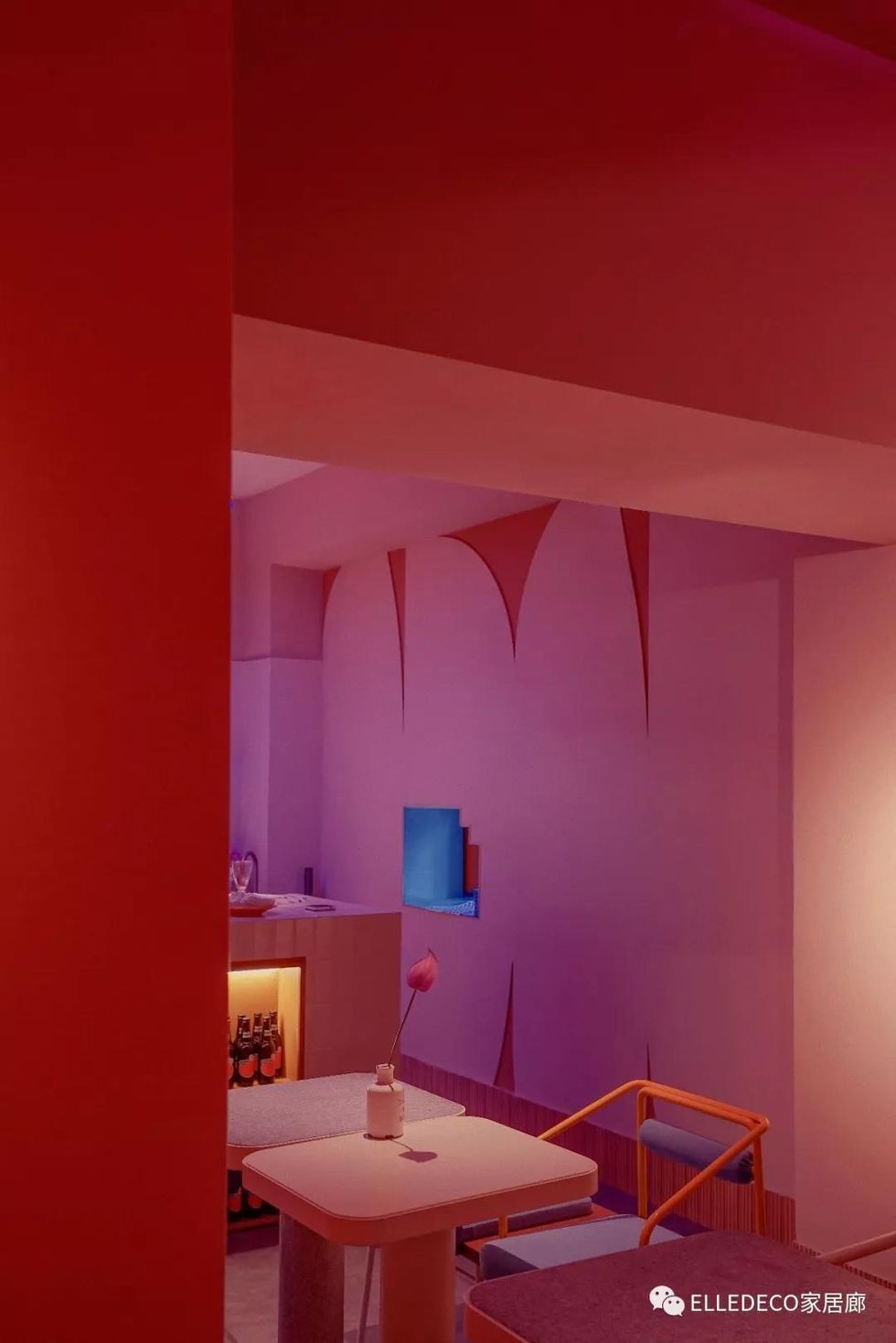 Ceiling, Red, Room, Pink, Interior design, Lighting, Wall, Architecture, Furniture, Building, 