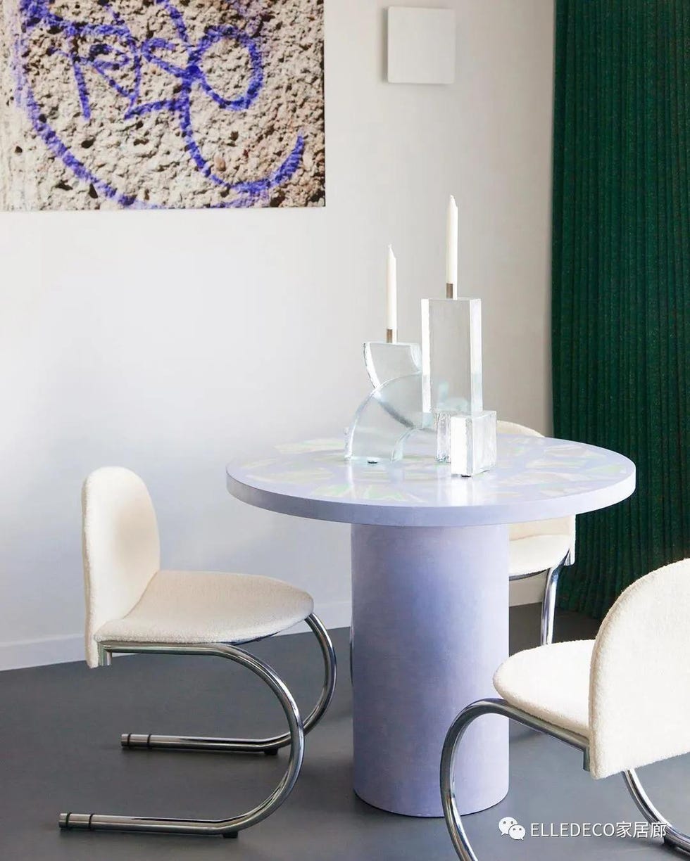 White, Blue, Table, Furniture, Room, Purple, Interior design, Dining room, Coffee table, Design, 