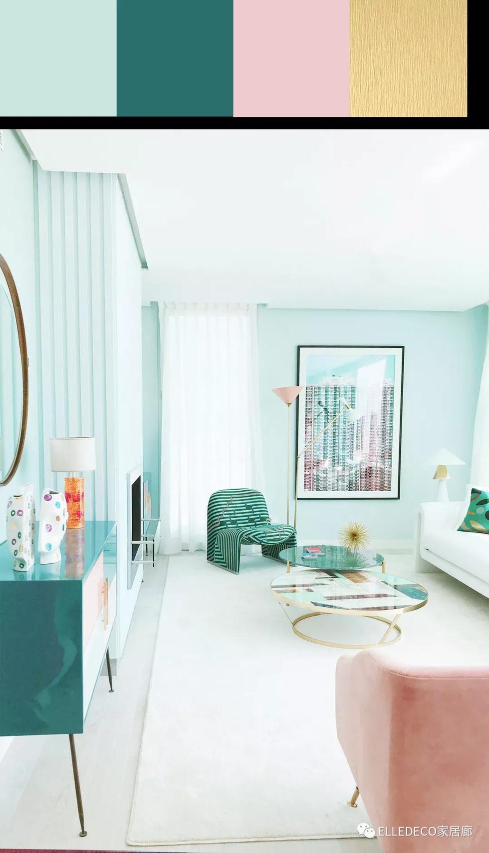 Room, Green, Turquoise, Interior design, Aqua, Furniture, Property, Ceiling, Teal, Pink, 