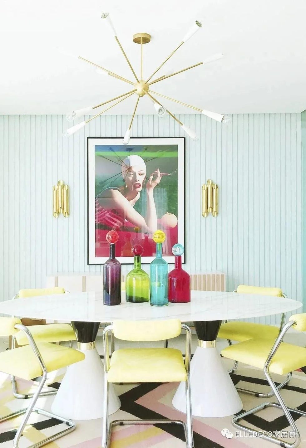 Green, Room, Pink, Interior design, Furniture, Yellow, Table, Home, House, Dining room, 