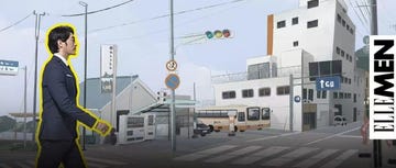 illustration of a street scene with a man in a suit walking past various buildings and traffic signals