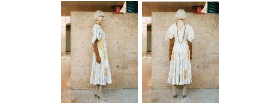 a mannequin or person wearing a white dress with floral patterns