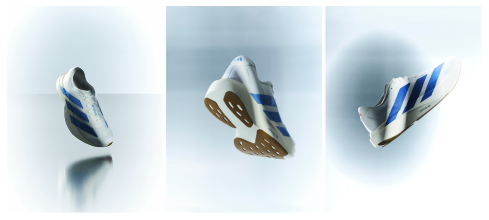 running shoes showcasing a modern design with blue stripes