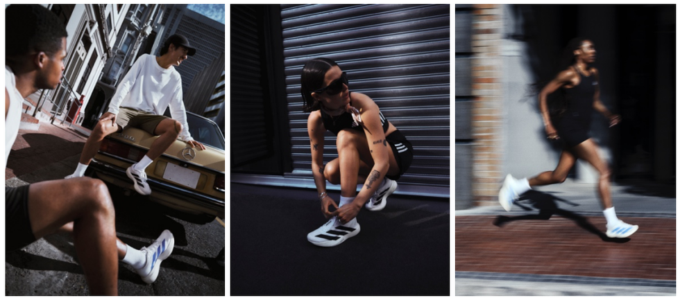 a series of athletic individuals showcasing sports shoes in urban environments