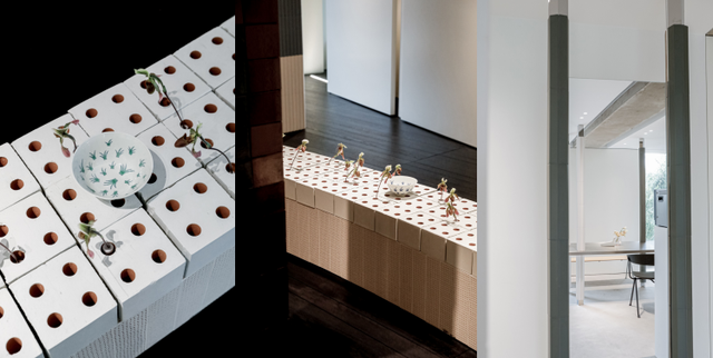 a modern interior featuring a unique table design and decorative elements