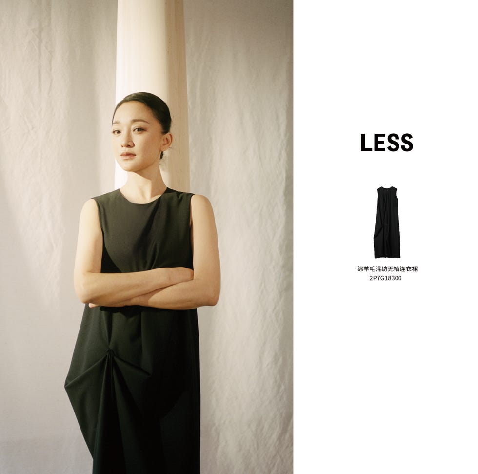 fashion advertisement featuring a model in a black dress