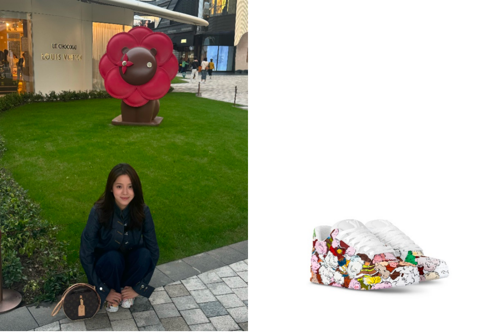 a large flowershaped sculpture in a green area and a pair of unique patterned shoes