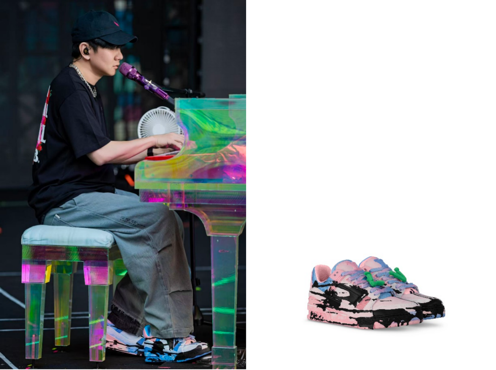 a musician performing at a colorful transparent piano with a pair of unique sneakers displayed alongside