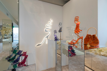 display of designer footwear and accessories in a luxury store