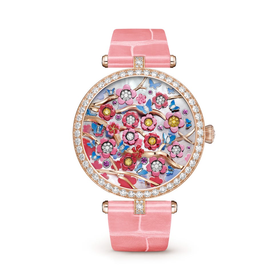 luxury watch featuring a floral design with colorful accents