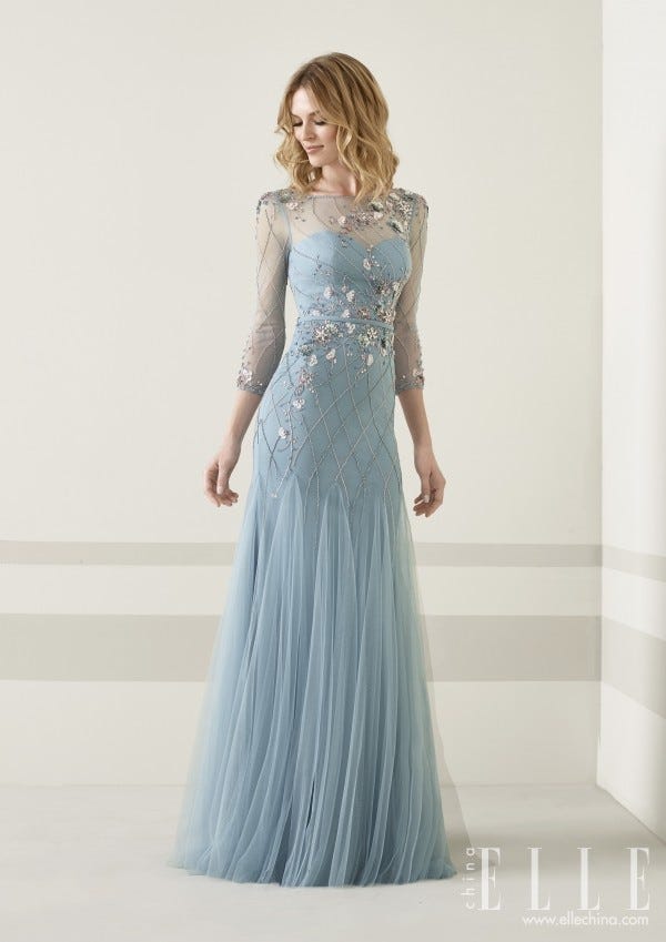 Gown, Clothing, Dress, Bridal party dress, Shoulder, Fashion model, A-line, Blue, Waist, Formal wear, 
