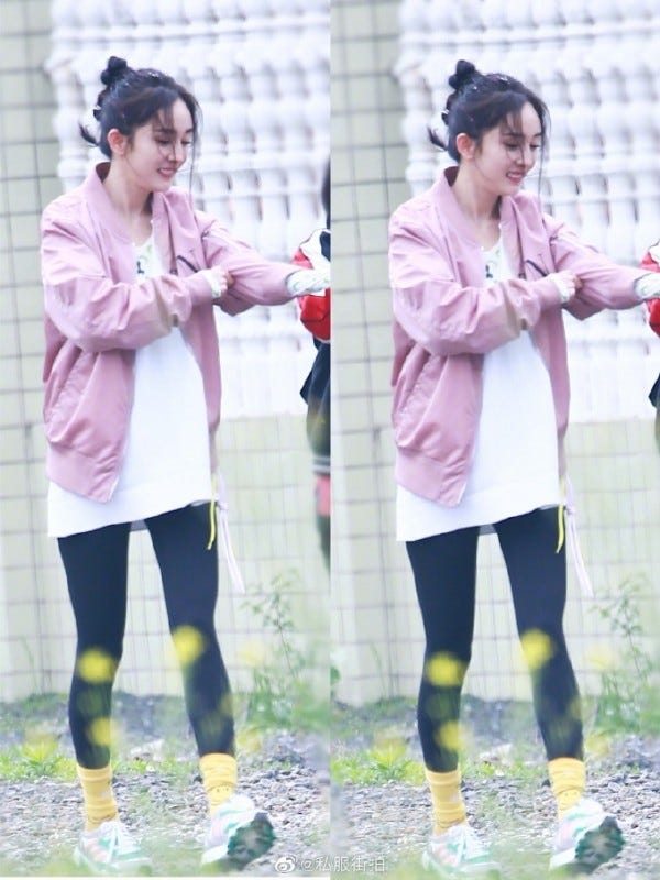 Photograph, Pink, Yellow, Street fashion, Snapshot, Fashion, Footwear, Leggings, Outerwear, Tights, 